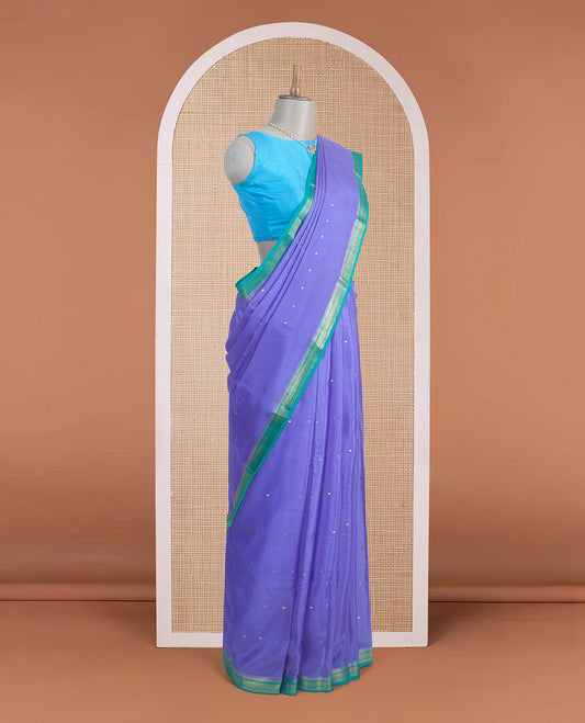 Violet tiny zari buttas Mysore silk saree, contrast traditional zari border, and zari striped pallu