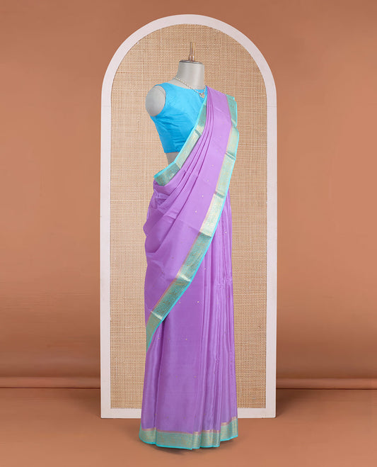 Purple zari buttas Mysore silk saree, contrast traditional zari border, and zari design pallu
