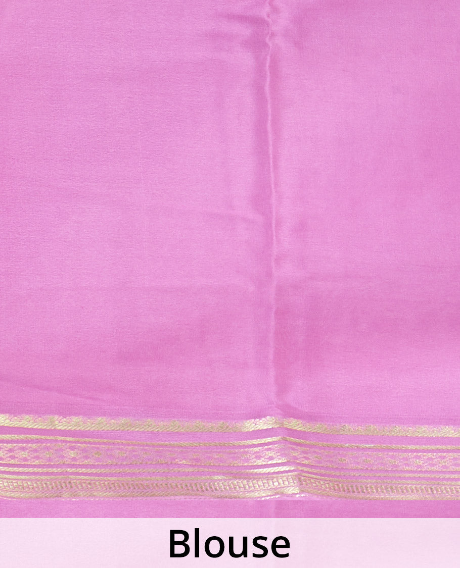 Light blue plain Mysore silk saree, contrast traditional zari motifs woven pink border, and zari striped pallu