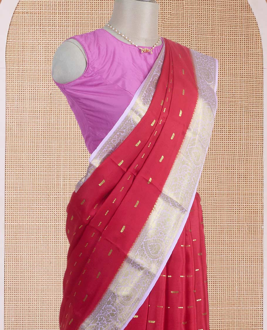 Cherry red zari buttas Mysore silk saree, contrast thilakam motif zari border, and leaf jaal zari-rich pallu