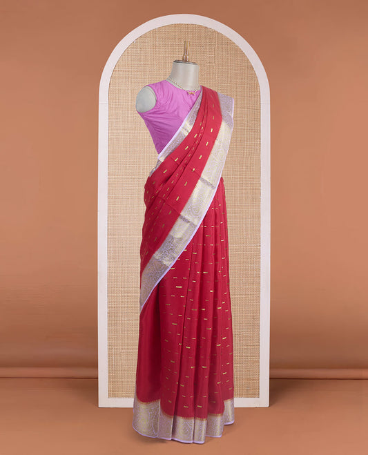 Cherry red zari buttas Mysore silk saree, contrast thilakam motif zari border, and leaf jaal zari-rich pallu