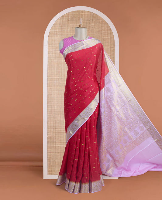 Cherry red zari buttas Mysore silk saree, contrast thilakam motif zari border, and leaf jaal zari-rich pallu