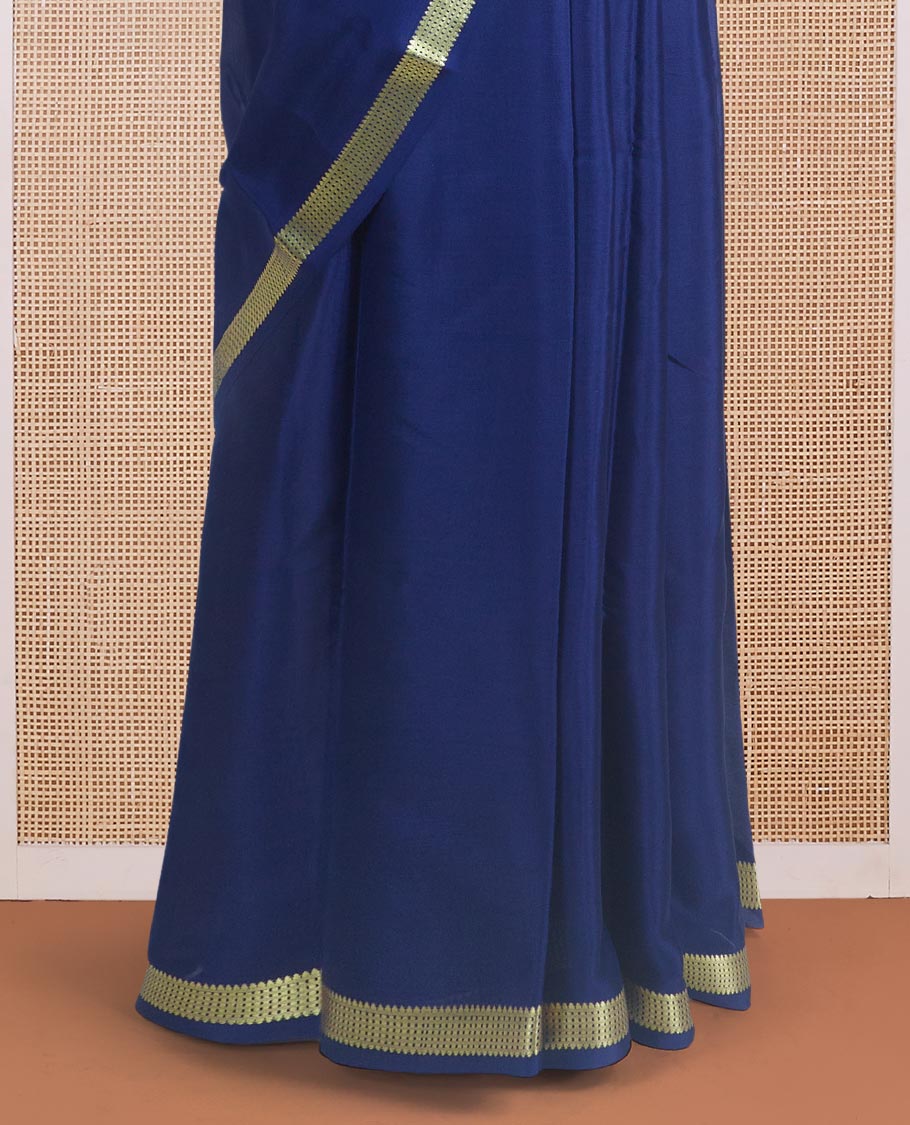 Dark blue plain design Mysore silk saree, traditional zari border, and zari striped pallu