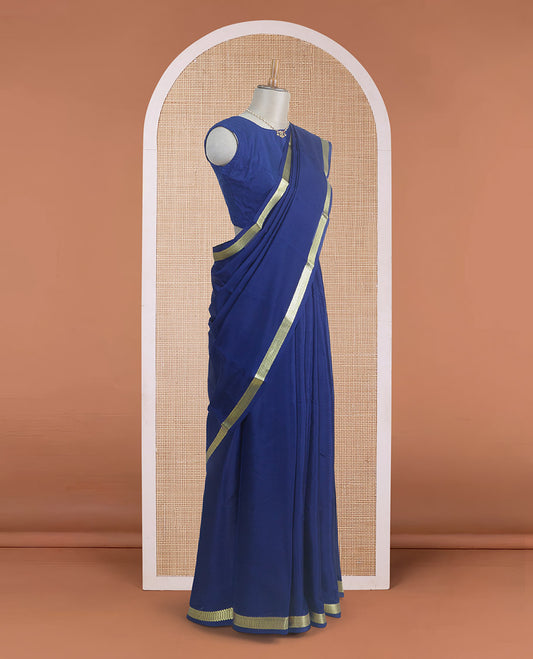 Dark blue plain design Mysore silk saree, traditional zari border, and zari striped pallu