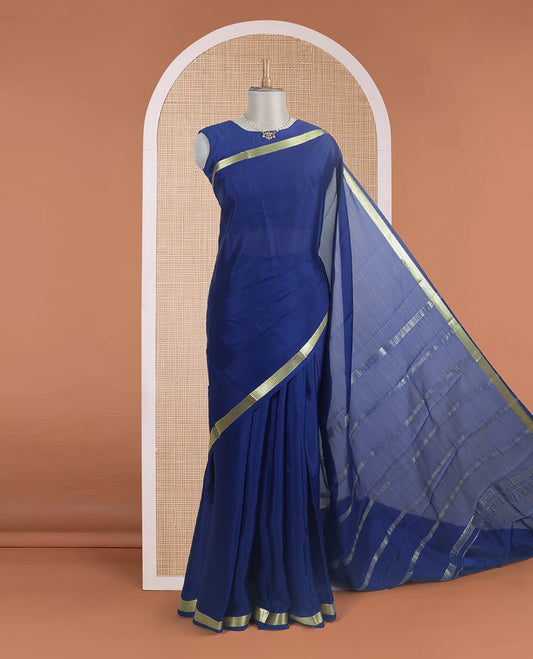 Dark blue plain design Mysore silk saree, traditional zari border, and zari striped pallu