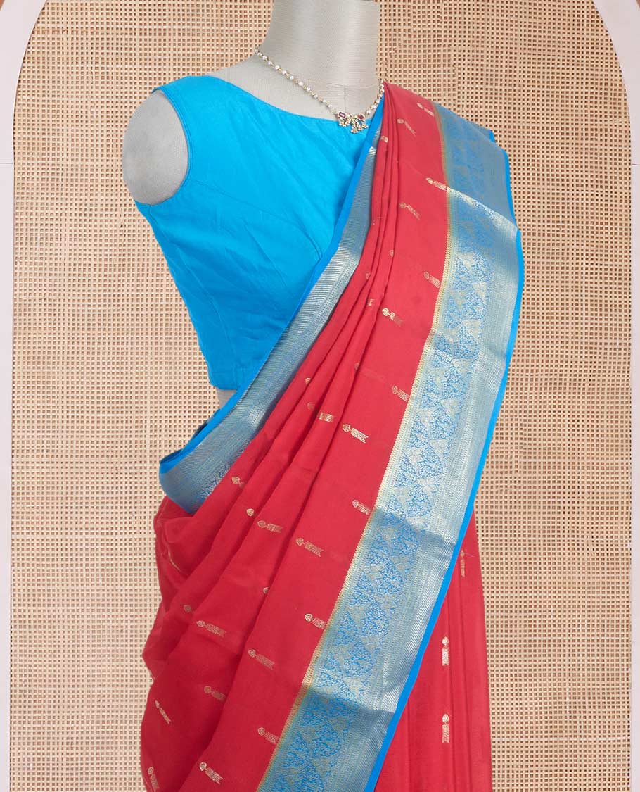 Red zari buttas woven Mysore silk saree, contrast gleaming zari intricate motifs woven border, and zari rich pallu