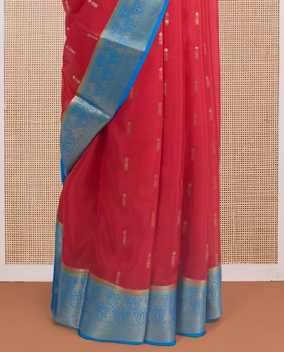 Red zari buttas woven Mysore silk saree, contrast gleaming zari intricate motifs woven border, and zari rich pallu