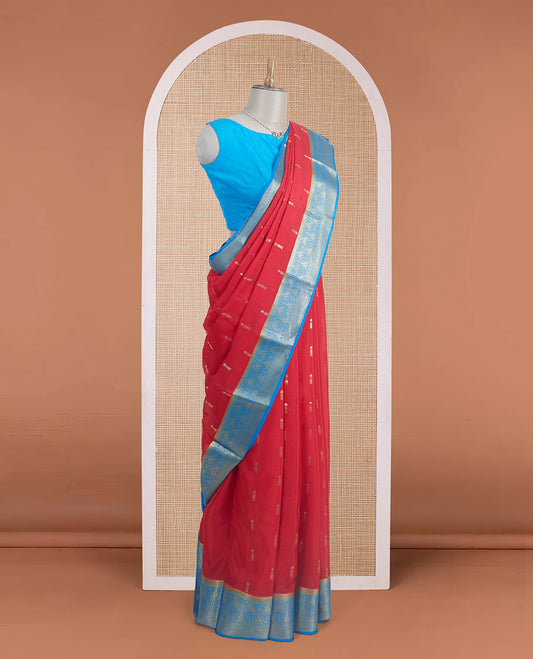 Red zari buttas woven Mysore silk saree, contrast gleaming zari intricate motifs woven border, and zari rich pallu