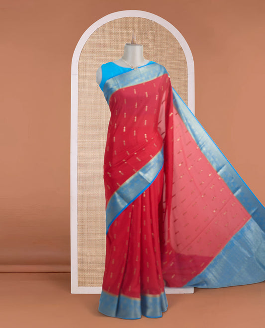 Red zari buttas woven Mysore silk saree, contrast gleaming zari intricate motifs woven border, and zari rich pallu