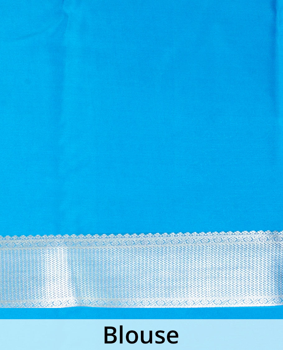 Blue floral zari buttas steeped Mysore silk saree, contrast temple zari border, and scallop zari design pallu