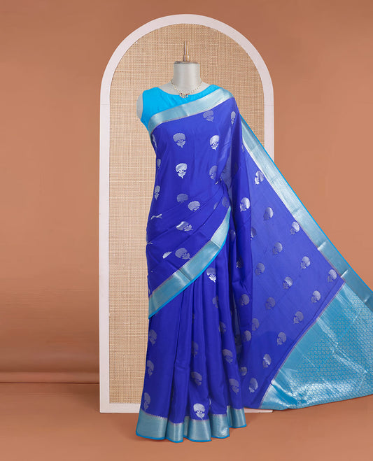 Blue floral zari buttas steeped Mysore silk saree, contrast temple zari border, and scallop zari design pallu