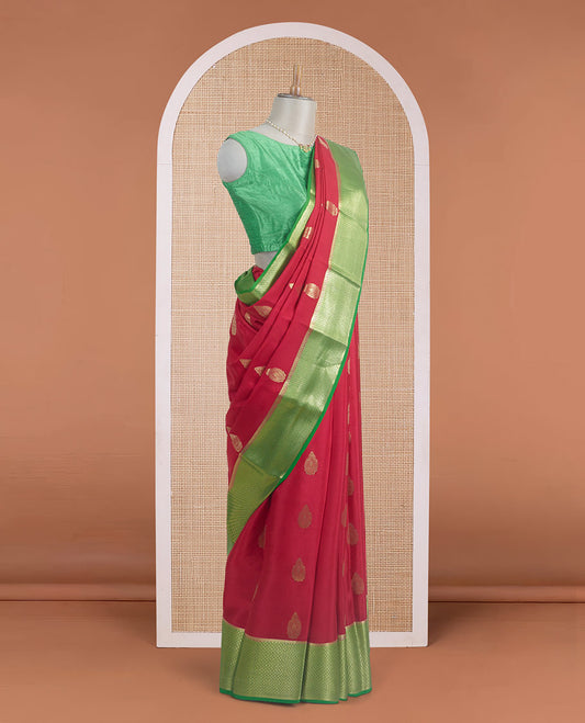 Red zari buttas Mysore silk saree, contrast traditional zari border, and pallu of diagonal stripes and geometric patterns in zari
