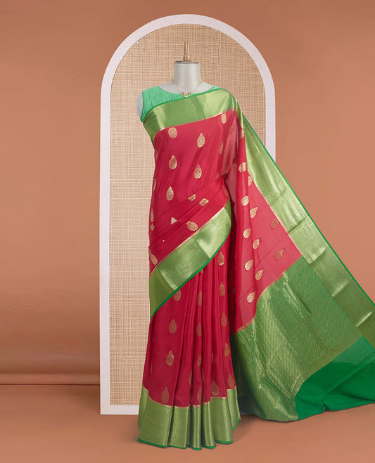 Red zari buttas Mysore silk saree, contrast traditional zari border, and pallu of diagonal stripes and geometric patterns in zari