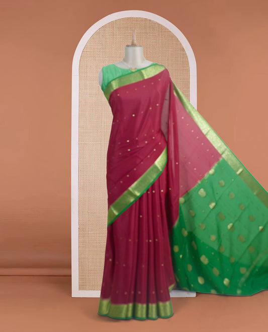 Maroon zari buttas Mysore silk saree, contrast traditional zari border, and zari motifs woven pallu