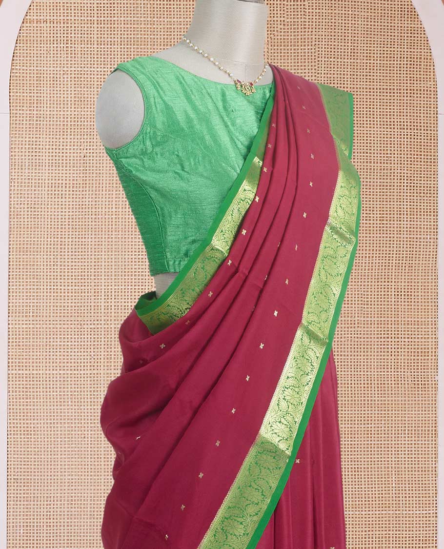 Maroon zari buttas Mysore silk saree, contrast traditional zari border, and zari motifs woven pallu