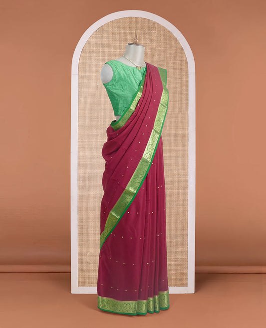 Maroon zari buttas Mysore silk saree, contrast traditional zari border, and zari motifs woven pallu
