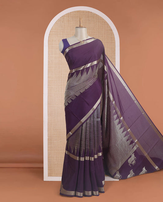Gleaming purple crushed style plain Mysore silk saree, contrast temple traditional rettai pettu zari border, and pallu steeped with Pichwai motifs