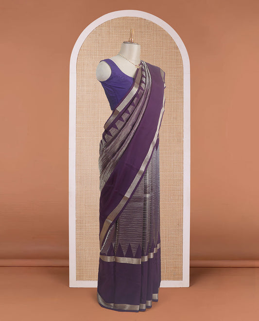 Gleaming purple crushed style plain Mysore silk saree, contrast temple traditional rettai pettu zari border, and pallu steeped with Pichwai motifs