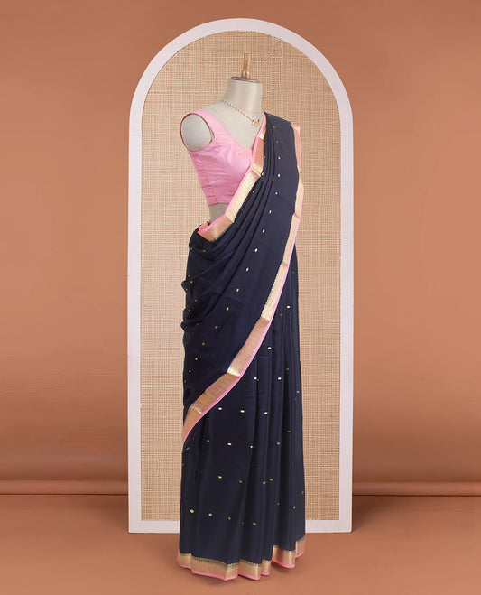 Black zari buttas Mysore silk saree, contrast traditional zari woven pink border, and zari striped pallu