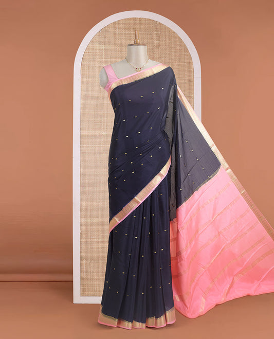 Black zari buttas Mysore silk saree, contrast traditional zari woven pink border, and zari striped pallu