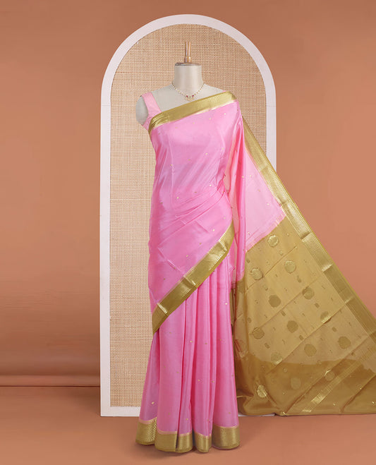 Pink zari buttas Mysore silk saree, contrast traditional motifs woven zari border, and Mughal style motifs woven pallu