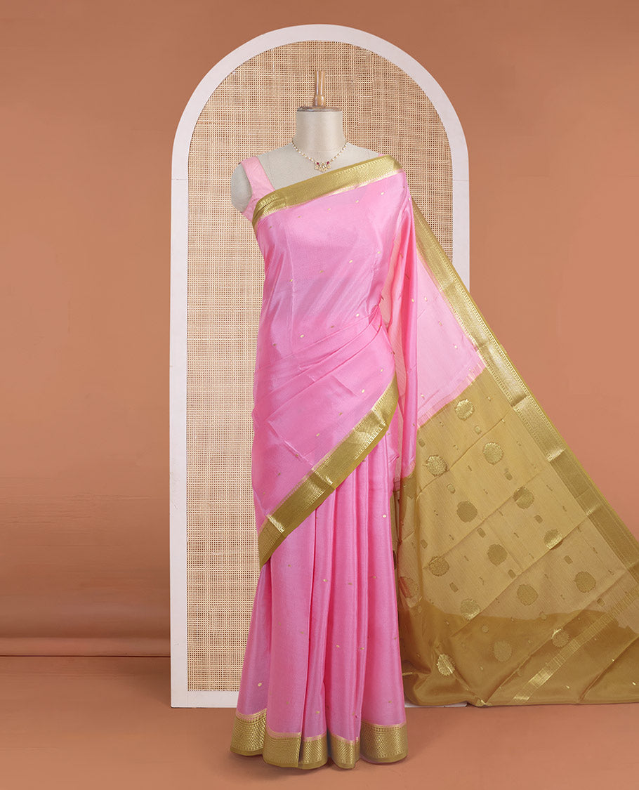 Pink zari buttas Mysore silk saree, contrast traditional motifs woven zari border, and Mughal style motifs woven pallu