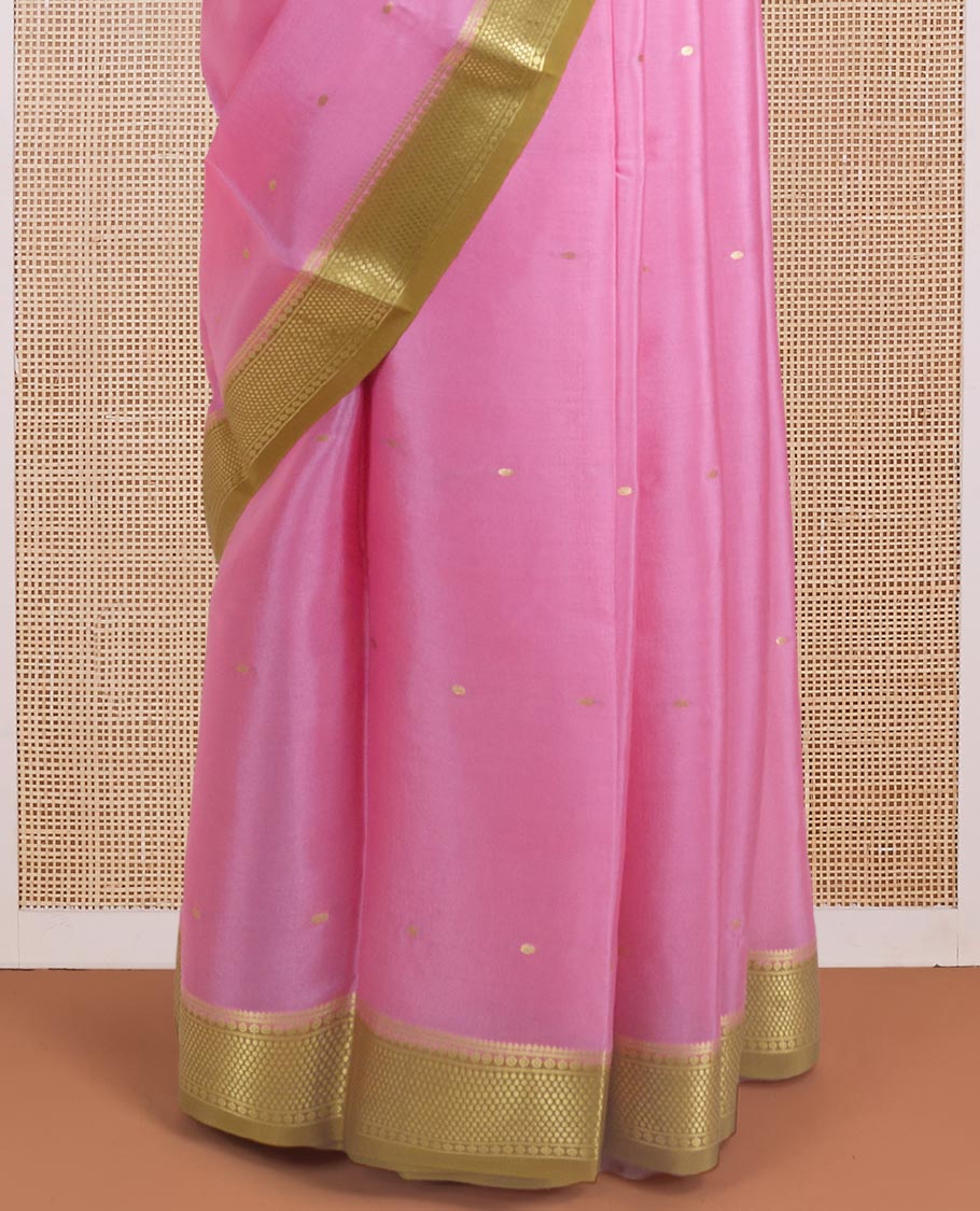 Pink zari buttas Mysore silk saree, contrast traditional motifs woven zari border, and Mughal style motifs woven pallu