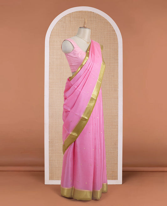 Pink zari buttas Mysore silk saree, contrast traditional motifs woven zari border, and Mughal style motifs woven pallu