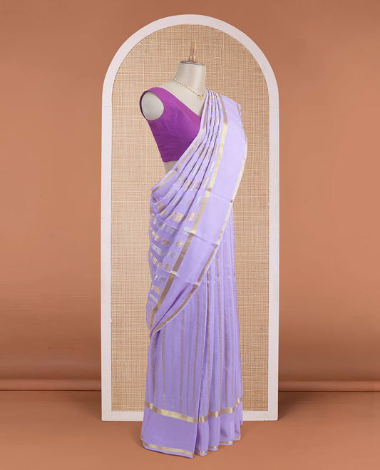 Lavender yaali, peacock and zari buttas woven Mysore silk saree, rettai pettu traditional zari border, and jaal pallu