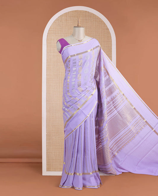 Lavender yaali, peacock and zari buttas woven Mysore silk saree, rettai pettu traditional zari border, and jaal pallu