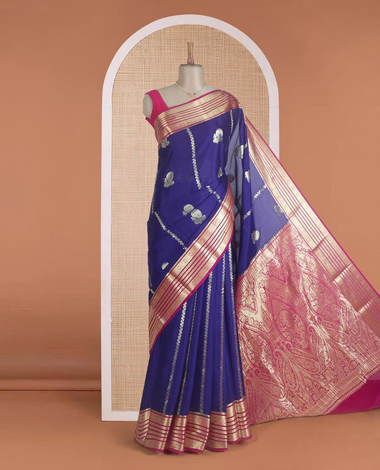 Blue veldhari, and peacock zari design Mysore silk saree, contrast traditional zari design border, and Mughal-inspired zari design pallu