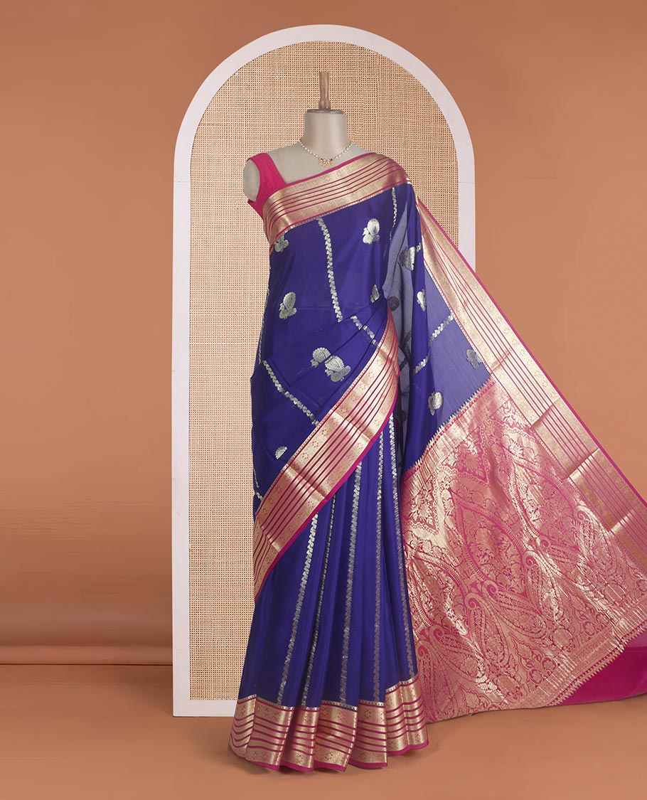 Blue floral jaal jacquard fancy crepe saree, floral design zari border, and floral jaal pallu