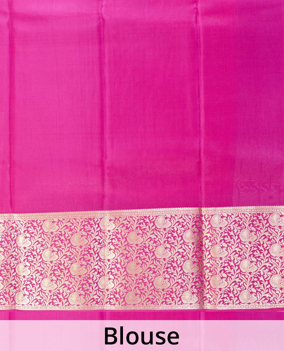 Violet zari buttas Mysore silk saree, contrast zari border, and pallu of peacock, and floral jaal design