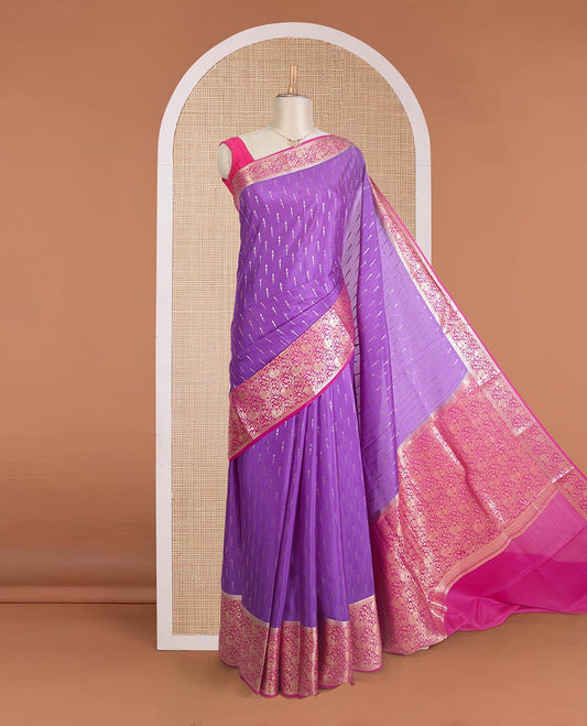 Violet zari buttas Mysore silk saree, contrast zari border, and pallu of peacock, and floral jaal design