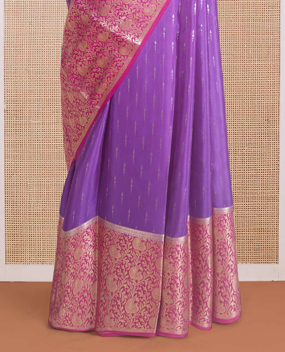 Violet zari buttas Mysore silk saree, contrast zari border, and pallu of peacock, and floral jaal design
