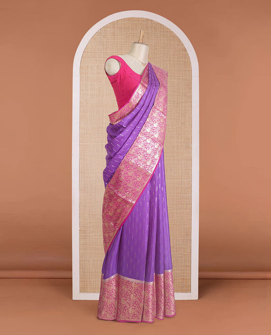 Violet zari buttas Mysore silk saree, contrast zari border, and pallu of peacock, and floral jaal design