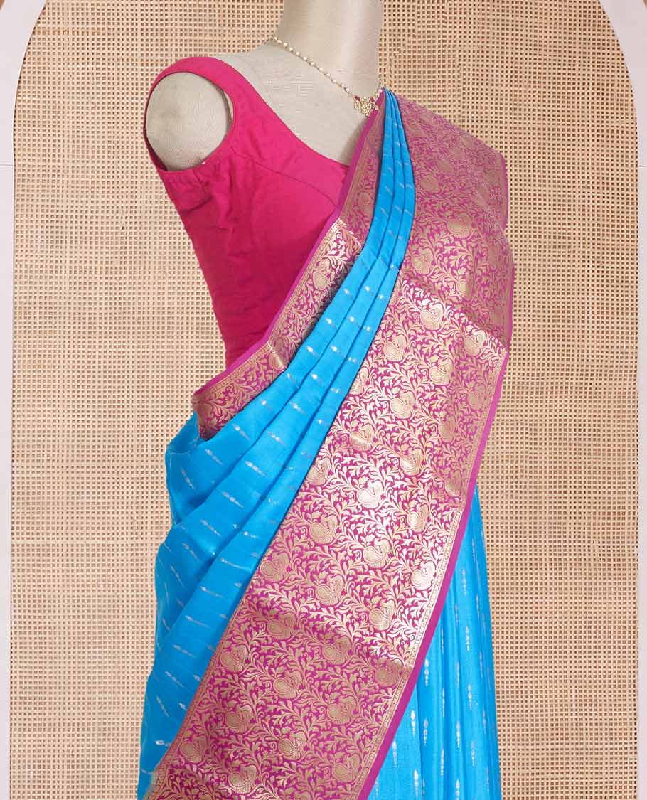 Blue zari buttas Mysore silk saree, contrast zari border, and pallu of peacock, and floral jaal design