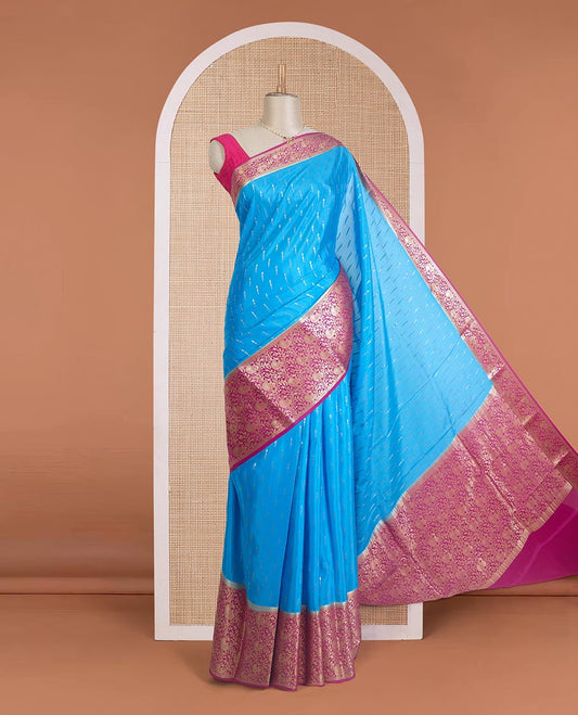 Blue zari buttas Mysore silk saree, contrast zari border, and pallu of peacock, and floral jaal design