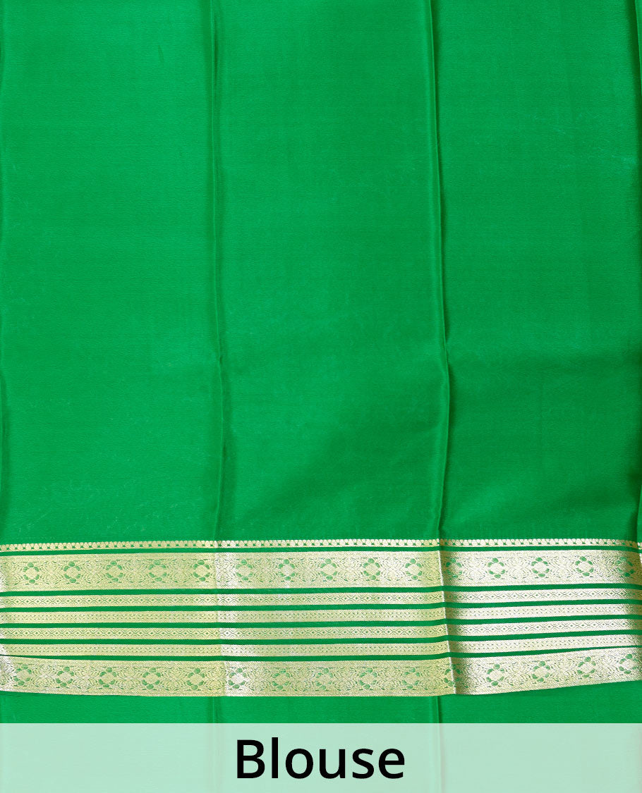 Maroon scallop shell zari buttas Mysore silk saree, contrast traditional zari border, and Mughal style zari design pallu