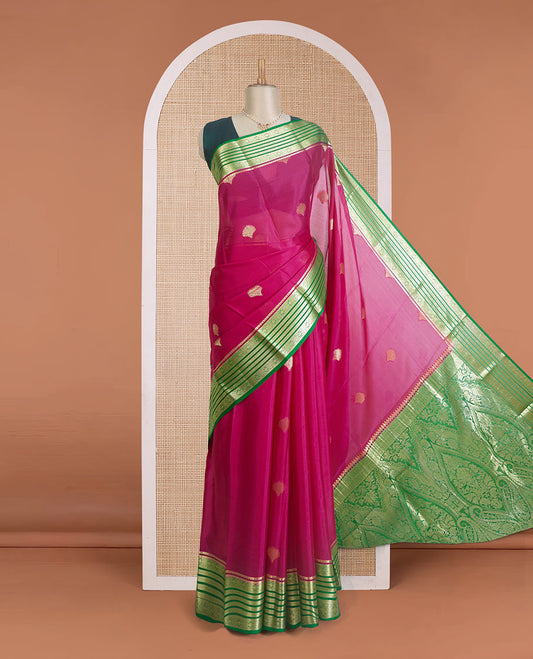 Maroon scallop shell zari buttas Mysore silk saree, contrast traditional zari border, and Mughal style zari design pallu