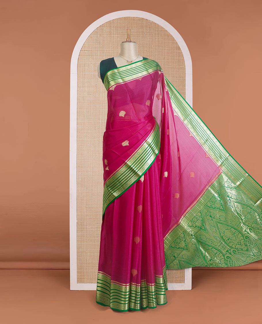 Maroon scallop shell zari buttas Mysore silk saree, contrast traditional zari border, and Mughal style zari design pallu