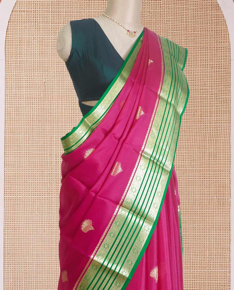 Maroon scallop shell zari buttas Mysore silk saree, contrast traditional zari border, and Mughal style zari design pallu