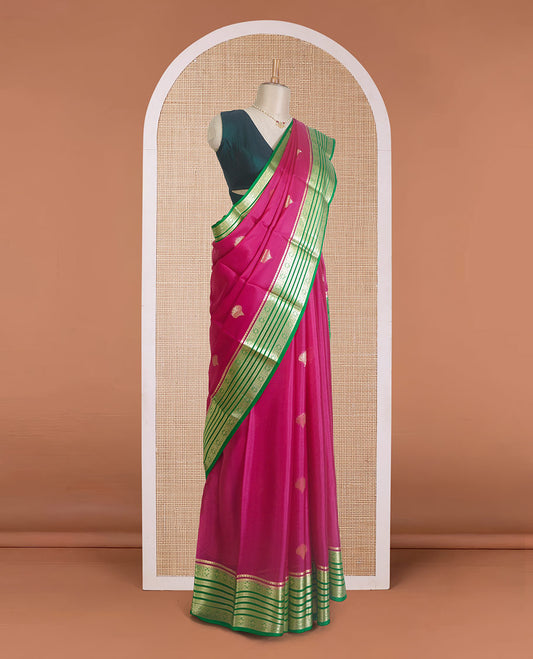 Maroon scallop shell zari buttas Mysore silk saree, contrast traditional zari border, and Mughal style zari design pallu