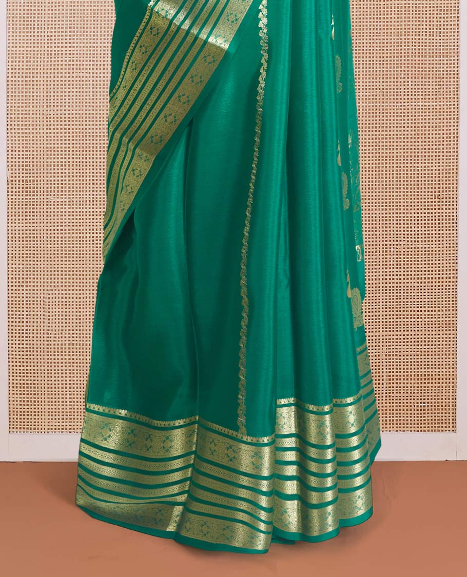 Green veldhari, and peacock zari design Mysore silk saree, traditional zari design border, and Mughal-inspired zari design pallu