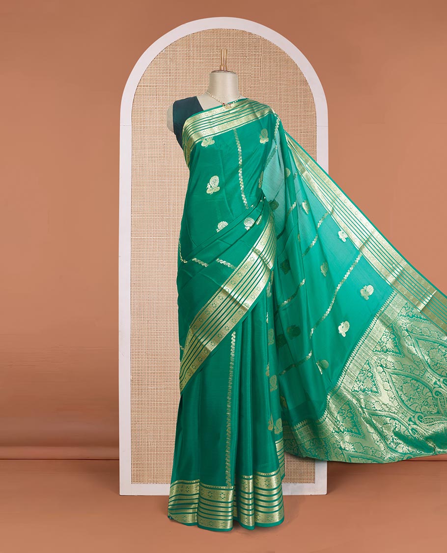 Green veldhari, and peacock zari design Mysore silk saree, traditional zari design border, and Mughal-inspired zari design pallu