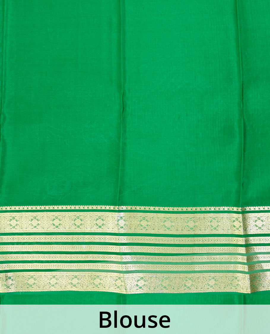 Yellow veldhari, and peacock zari design Mysore silk saree, contrast traditional zari design border, and Mughal-inspired zari design pallu