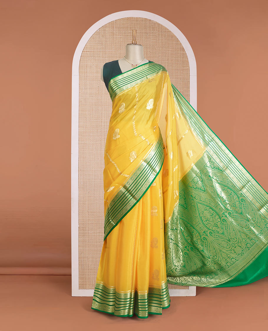 Yellow veldhari, and peacock zari design Mysore silk saree, contrast traditional zari design border, and Mughal-inspired zari design pallu