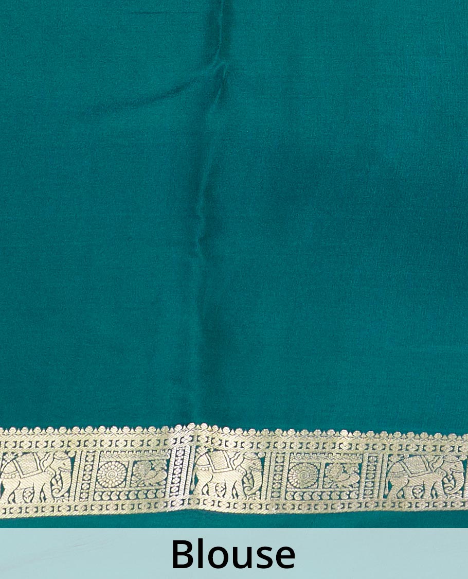 Green zari elephant buttas Mysore silk saree, traditional zari design rettai pettu border, and butta enclosed checked pallu