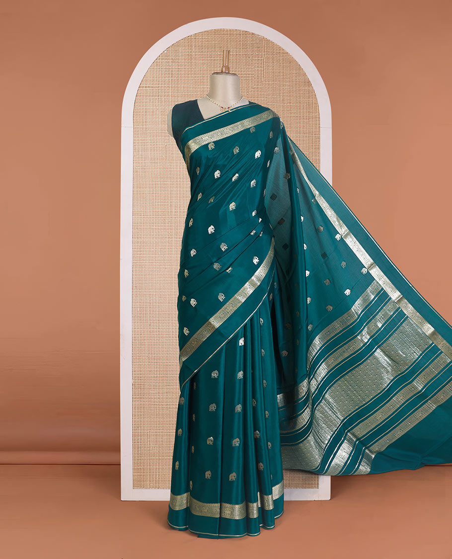 Green zari elephant buttas Mysore silk saree, traditional zari design rettai pettu border, and butta enclosed checked pallu