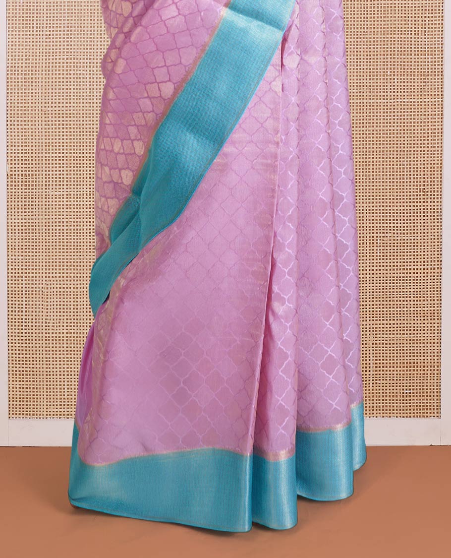 Pink jaal jacquard Mysore silk saree, contrast zari border, and pallu of chevron designs